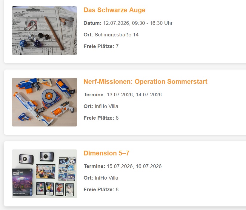 Unsere Ferienkurse sind Online ! Das schwarze Auge, Nerf-Missionen, Dimension 5-7 und Basteln in der Bastelwoche