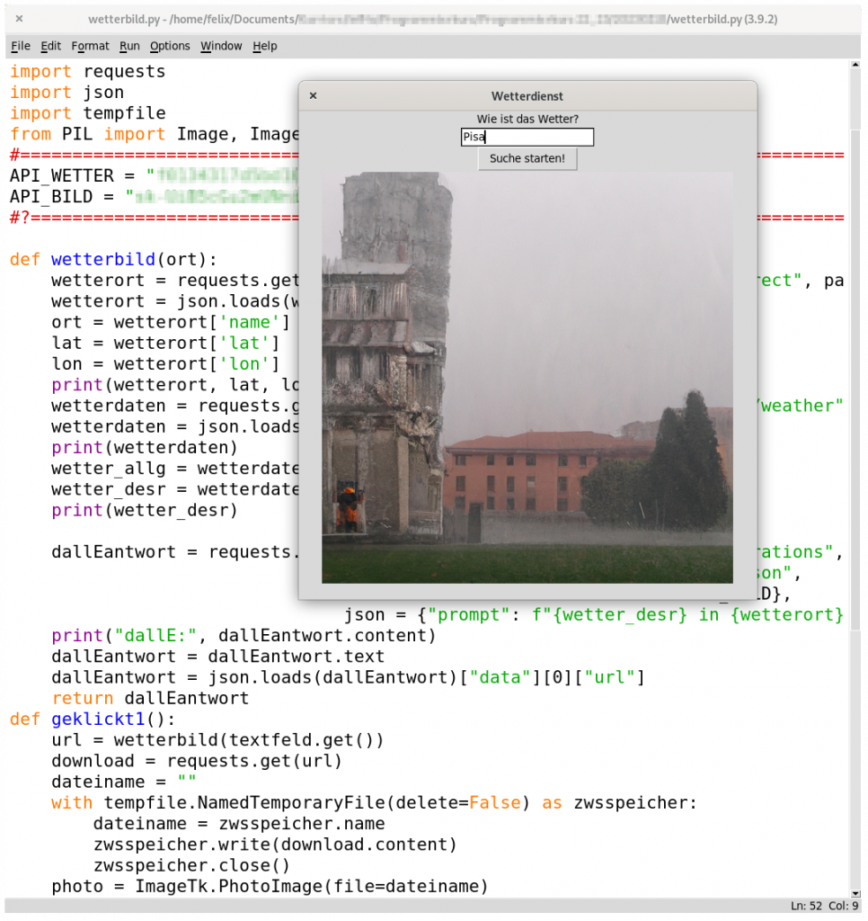 Screenshot des Programmcodes und Vorschau für Regenwetter in Pisa, Italien